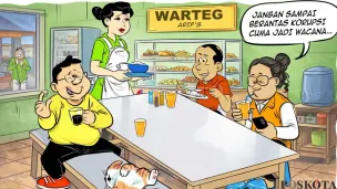 Obrolan warteg tentang pertemuan Prabowo Subianto dengan sejumlah tokoh di kediamannya. (Sumber: Poskota/Arif Setiadi)